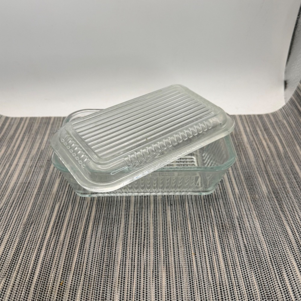 Vintage Clear Ribbed Glass Refrigerator Dish with Lid Rectangular 6x4x2.5 MCM